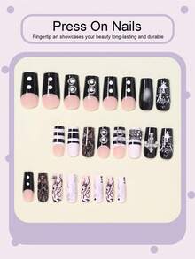 Upgrade Your Look With Y2K Style! 24pcs Medium-Length Square Nail Stickers, Dark Punk Style Nude Base Color With Black And White Striped French Line Pattern, Sparkling Cross Lace Floral Pattern, Rivet Design, Y2K Gothic Style Silver-White Bow Line Pattern, Full Coverage Fake Nails, Pointed White Polka Dot, Includes 1pc Jelly Glue And 1pc Mini Nail File, Jelly Glue Randomly Shipped - Multicolor - View 3