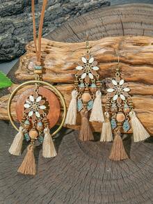 TopHanqi 3pcs Women Retro Jewelry Set: Boho Tassel Earrings, Double-Layered Pendant Necklace, Geometric Big Hoop Necklace, Wearable Daily/Party/Holiday Accessories Gift - Multicolor - View 12