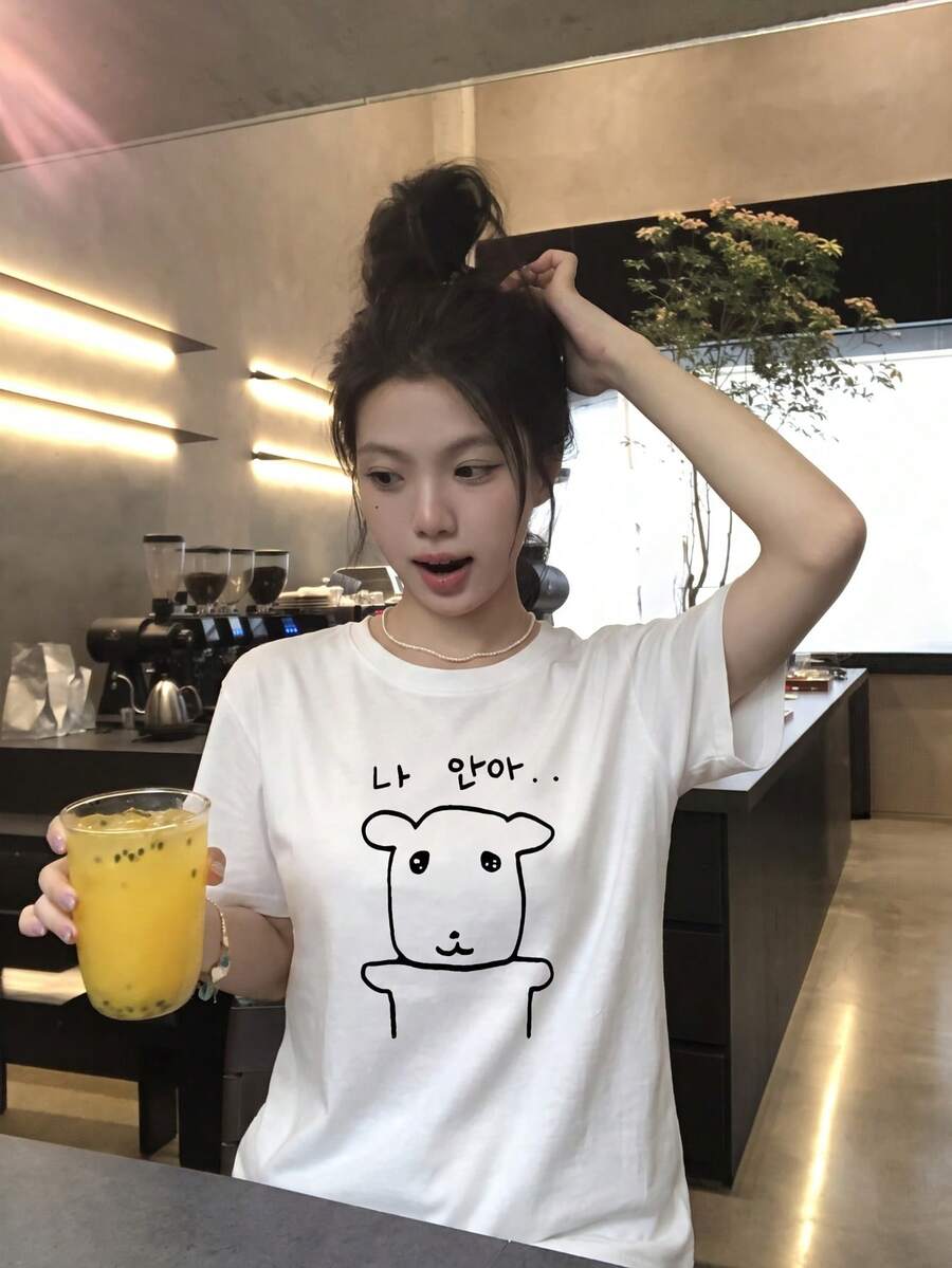 宽松印花T恤,可爱小熊和标语图案,Y2K复古风街头风休闲夏季原宿风白色T恤 - 白色 - 查看 1