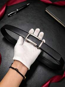 1pc Men's Automatic Buckle Belt, Square Buckle, Casual Solid Color Litchi Grain Leather Belt For Party And Home, 120cm - Black - View 6