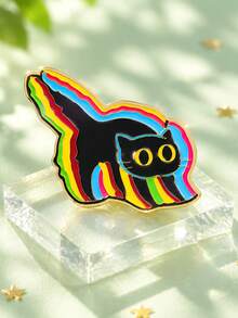 1pc Colorful Cartoon Style Metal Rainbow Striped Yellow Eye Arched Back Black Cat Brooch, Women's Daily Backpack & Coat Decoration Gift - Multicolor - View 2