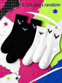 1/3/6 Pairs Random Bat Pattern Crew Socks For Women And Men, Gothic Black White Soft Socks, Street Mid-Calf Casual Socks - Multicolor - View 11