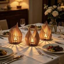 3pcs Wooden Hollow Flame Candle Holder Set, Natural Wood Style Tea Light Base, Home Restaurant Tabletop Decor, Holiday Party Candlelight Ornament - 3pcs - View 6