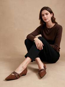 2026 Autumn/Winter Brown Velvet Pointed Toe Mary Jane Flats, Double Strap Design, Minimalist Versatile Low-Top Women's Shoes - Black - View 5