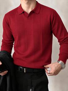 Burgundy Vertical Ribbed Knit Polo Men's Autumn/Winter Smart Casual Lapel Commute Long Sleeve Airplane Collar Knit Top Christmas Style - Burgundy - View 8