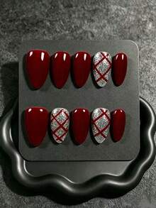 10pcs Handmade Press-On Nails, Short Almond Shape, Autumn/Winter Style, Burgundy Base With Silver Glitter And Pink Plaid Hand-Painted Elements, Suitable For Daily Wear In Autumn/Winter, Comes With Full Set Of Manicure Tools, Perfect For Girls' Personal Use Or As A Gift - Red - View 10