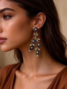 Crystal Floral Vine Dangle Earrings Rhinestone Branch Drop Vintage Jewelry - Leaf Rhinestone Earrings - View 8