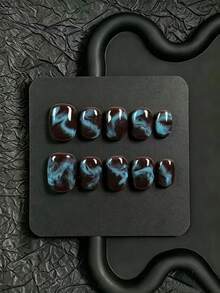 10pcs Handmade Press-On Nails, Short Square Round Shape, Deep Brown Base With Blue Ink Tie Dye, Blending Watercolor Smoke Texture Elements, Autumn/Winter Style, Suitable For Daily Wear, Comes With Full Set Of Nail Tools, Perfect For Girls' Self-Use Or As A Gift - Multicolor - View 9