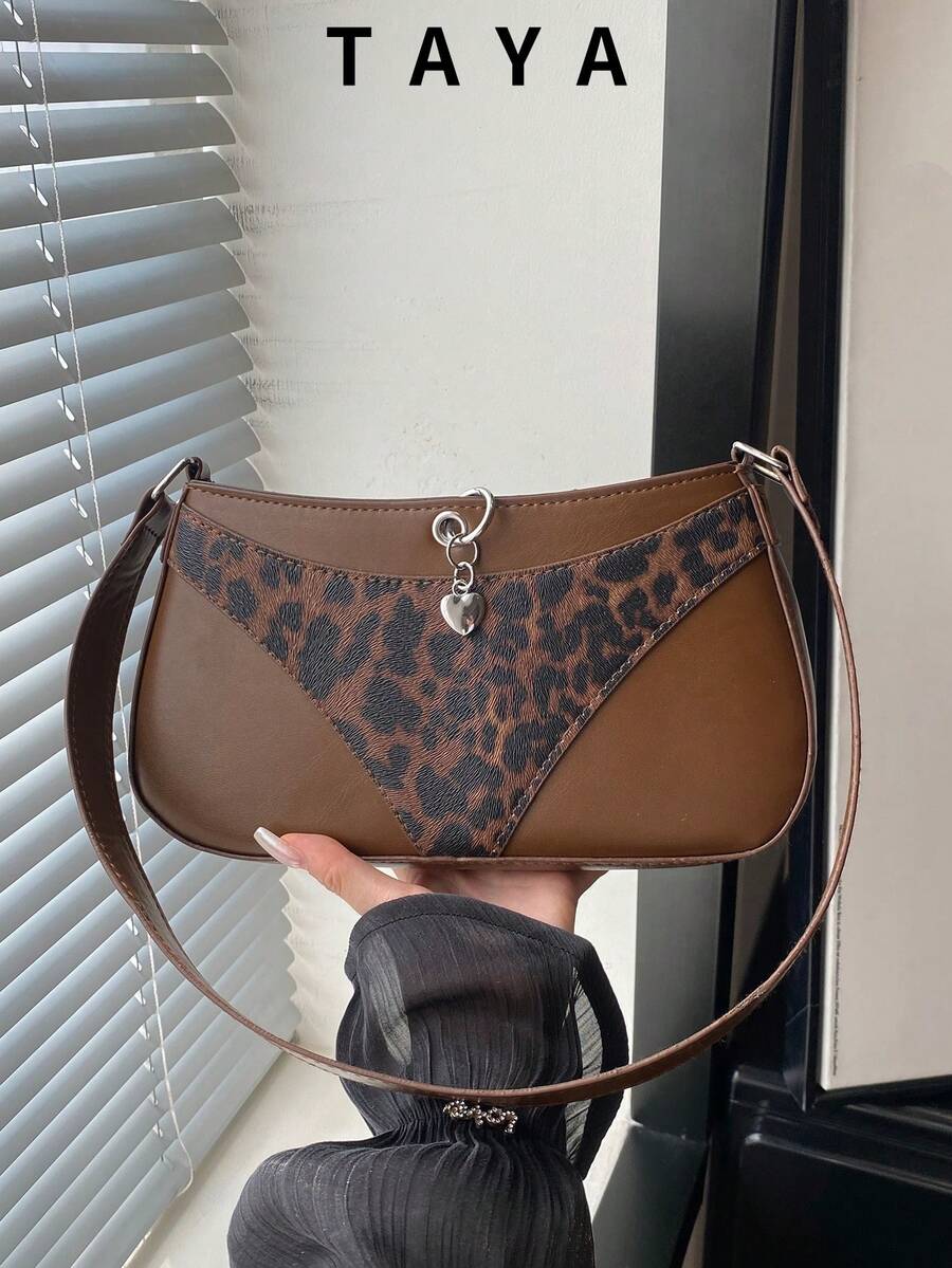 Women's Vintage Patchwork Leopard Print Faux Leather Shoulder Bag, Elegant Heart-Shaped Metal Accessory Underarm Bag, Suitable For Commuting, Shopping And Other Occasions.