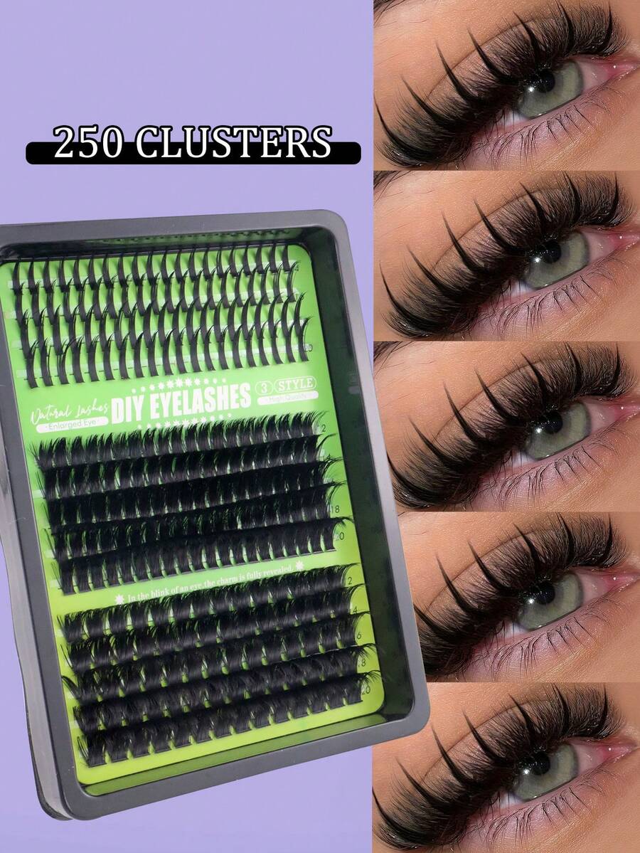 250 Clusters Wet Dense D Curl Wet Tip Mixed 3-Piece Eyelash Set With Wet Tip Lower Lashes And Wide Band Upper Lashes, Fluffy Curly DIY False Eyelashes For Travel And Home, Large Capacity - D - View 1