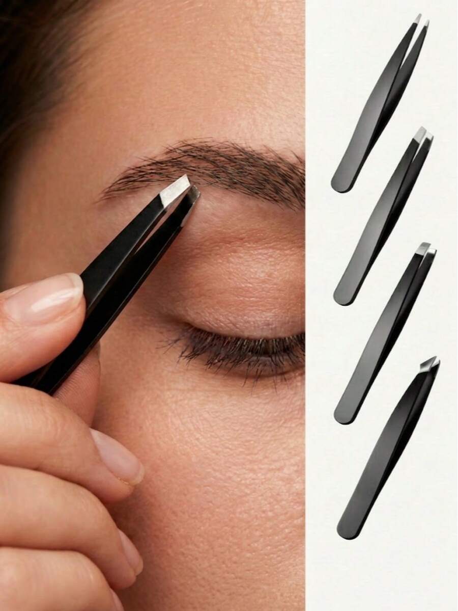 4pcs Stainless Steel Precision Eyebrow Tweezers Set, Slanted And Pointed Tips, With Portable Storage Box, For Removing Eyebrow Hairs And Fine Hair, Gentle For Sensitive Skin, Home, Salon, Travel Makeup Accessory