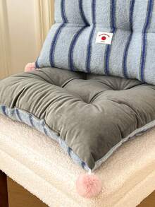 1pc Cute Pom Pom Decor Faux Wool Quilted Backrest Chair Pad, Striped Pattern Soft Thick Plush Seat Cushion, Suitable For Dining Chairs, Office Chairs, Home Decor - Light Blue Stripes - View 5