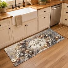 1pc Kitchen Floor Mat, Soft Faux Cashmere Material, Gold Snowflake Christmas Ball Pine Cone Christmas Tree Pattern, Holiday Luxury Style, Non-Slip, Suitable For Kitchen, Bathroom, Entryway, Bedroom Doorway Decoration, Multi-Scene Use Anti-Slip Floor Mat, Room Decor, Holiday Gift - Multicolor - View 4