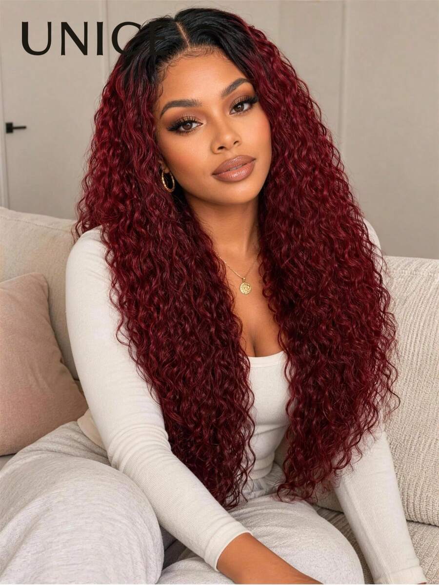 UNice 7x5 Bye-Bye Slip™ Lace Frontal Black Roots With 99J Burgundy Water Wave Glueless Wig Pre Plucked Pre Cut Put On And Go Wig 150% Density Flexible Drawstring Mesh Cap 100% Human Hair Beginner Friendly For Women