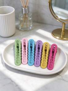 6pcs/Set Minimalist Dopamine Glossy Wavy Hair Clips, Candy Color Bangs Clips, Straight Hair Clips, Hair Accessories Material Hair Clips Headwear - Multicolor - View 1