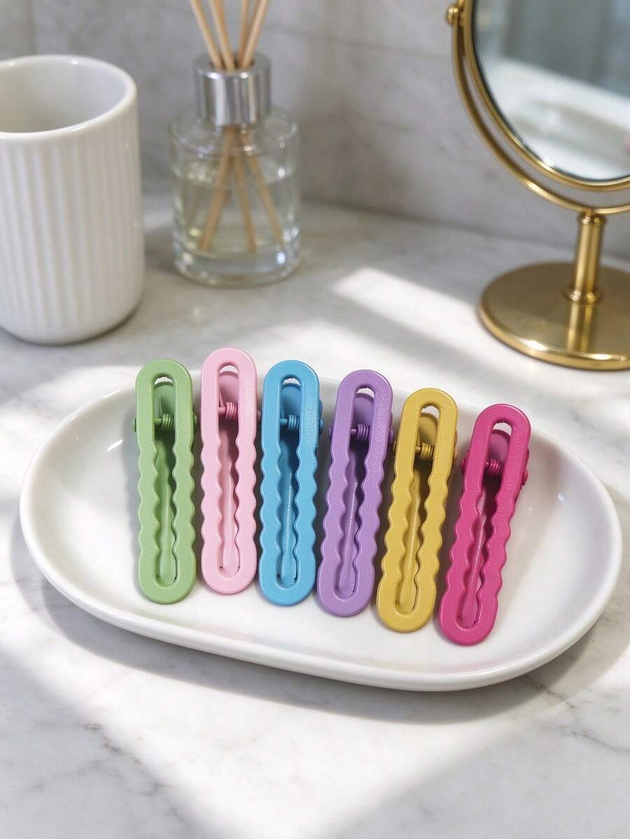 6pcs/Set Minimalist Dopamine Glossy Wavy Hair Clips, Candy Color Bangs Clips, Straight Hair Clips, Hair Accessories Material Hair Clips Headwear - Multicolor - View 1