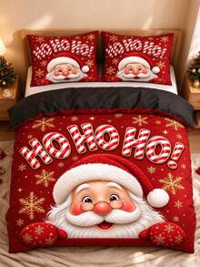 3PCS Happy Santa Claus Pattern Duvet Cover Set (1 Duvet Cover + 2 Pillowcases (Random Pillowcase Pattern), Duvet/Pillow Inserts Not Included), Soft Polyester Fiber All-Season Washable Bedding Set, Available Sizes: Extra Large, Large, Standard Double, Single. Suitable For Bedroom, Guest Room, School Dorm, Hotel All-Season, Christmas Gift For Parents And Friends - Multicolor - View 1
