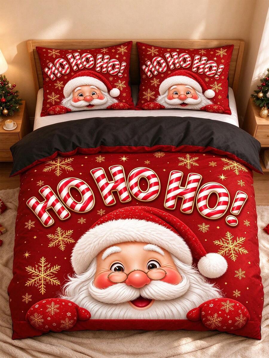 3PCS Happy Santa Claus Pattern Duvet Cover Set (1 Duvet Cover + 2 Pillowcases (Random Pillowcase Pattern), Duvet/Pillow Inserts Not Included), Soft Polyester Fiber All-Season Washable Bedding Set, Available Sizes: Extra Large, Large, Standard Double, Single. Suitable For Bedroom, Guest Room, School Dorm, Hotel All-Season, Christmas Gift For Parents And Friends - Multicolor - View 1