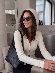 Minimalist Hooded Zip-Up Ribbed Cardigan, Off-White, R Letter Embroidered Slim Fit Long Sleeve Cropped Knit Top - Apricot - View 2