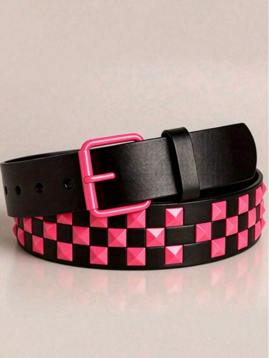 1pc Unisex Punk Style Metal Rivet Belt, Casual Everyday Adjustable Belt - Pink - View 1