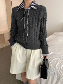 YCYC Soft Vintage Preppy 2 In 1 Knit Cardigan Sweater Jacket For Women (Without Collar) - Dark Grey - View 2