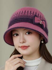1pc Women Faux Rabbit Fur Knitted Cloche Hat, Bow & Rhinestone Decor Short Brim Bucket Hat, Thick Warm Autumn Winter Hat, 8 Colors Available - MZY2872 Bow Fisherman Hat for Middle-aged - View 10