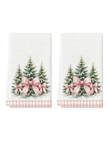 2pcs Pink Christmas Tree Bow Towels, Watercolor Snowy Pine Tree Print, Soft Absorbent Hand Towels Bath Towels, Bathroom Kitchen Decor, Winter Holiday Gift - Multicolor - View 9