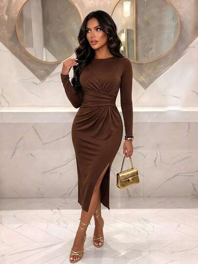 AIJ Women's Satin Slim Fit Round Neck Long Sleeve Wrap Ruched Waist Side Slit Midi Dress, Brown, Elegant Party Dress, Suitable For Autumn/Winter Wedding Guest, Business Banquet Evening Gown, Christmas Women's Clothing