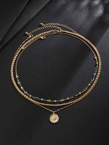 3pcs Men's Gold Layered Necklace Set, Gemstone Beaded Design With Sun Medallion And Twisted Rope Chain, Stackable, Luxury Old Money Style Jewelry - Yellow Gold - View 4