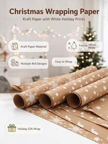 Snowflake Christmas Gift Wrapping Paper Roll - 43cm*1m, Featuring Vintage Snowflake Pattern And Natural Kraft Paper Design; Suitable For Christmas Gift Wrapping, Party Decoration And DIY Crafts. - A - View 6