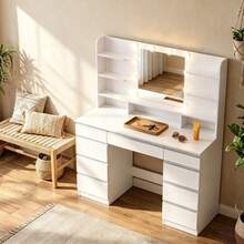 Fobyfurny Modern Dressing Table With Large Capacity, Ten Tri-Color Adjustable LED Lights, Large High-Definition Mirror, Nine Drawers, Nine Open Shelf Compartments, Silver White - White - View 5