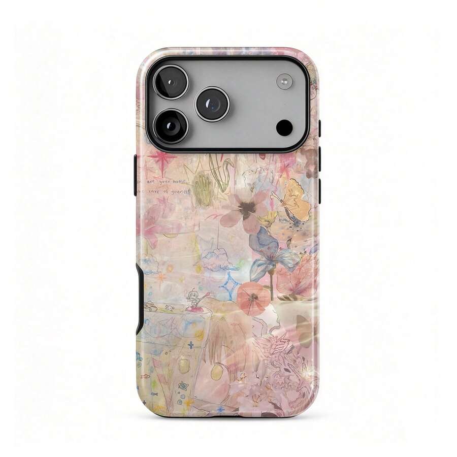 塗鴉蘋果蝴蝶圖案美學手機殼，適用於 iPhone 18 17 16 15 14 Plus 13 12 11 Pro Max - 粉色 - 查看 1