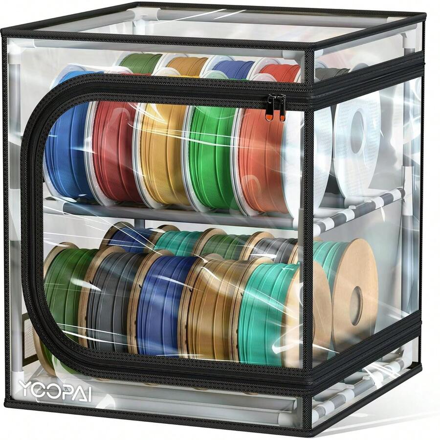 2 Tier 3D Printer Filament Storage Box With Fabric Dust Cover & Transparent Window,Filament Spool Storage Rack Holds Up To 20 Rolls, Desktop 3D Printing Filament Organiser With Side Tool Pocket,Compatible With Filament For Workshop & Home Use - Transparent Cover-20 Rolls - View 1