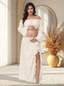 JustVH Maternity 2-Piece Set Off-Shoulder Bell Sleeve Top & Ruffle Slit Skirt, Suitable For Beach Photos And Baby Shower Party - Apricot - View 3