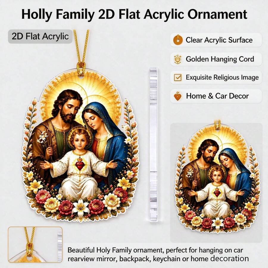 1pc 2D Flat Acrylic Holiday Hanging Ornament, Double-Sided Printed With Gold Hanging Rope, Exquisite Character And Floral Pattern Tag. Can Be Used As Christmas Decoration, Halloween Costume Accessory, Home Furniture Hanging Ornament, Teacher's Day Gift, Birthday Party Favor, Christmas Tree Decoration, Suitable For Thanksgiving, Wedding Home Decor, Holiday Decoration Hanging Ornament, Can Be Used As New Year, Holiday Gift, Atmosphere Decoration Tag, Suitable For Personal Use And Gifting. - Christmas Nativity Scene Jesus Ornament - View 1