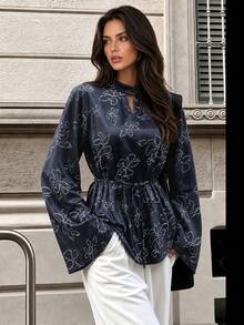 Women's Elegant Floral Print Top, Autumn - Royal Blue - View 5