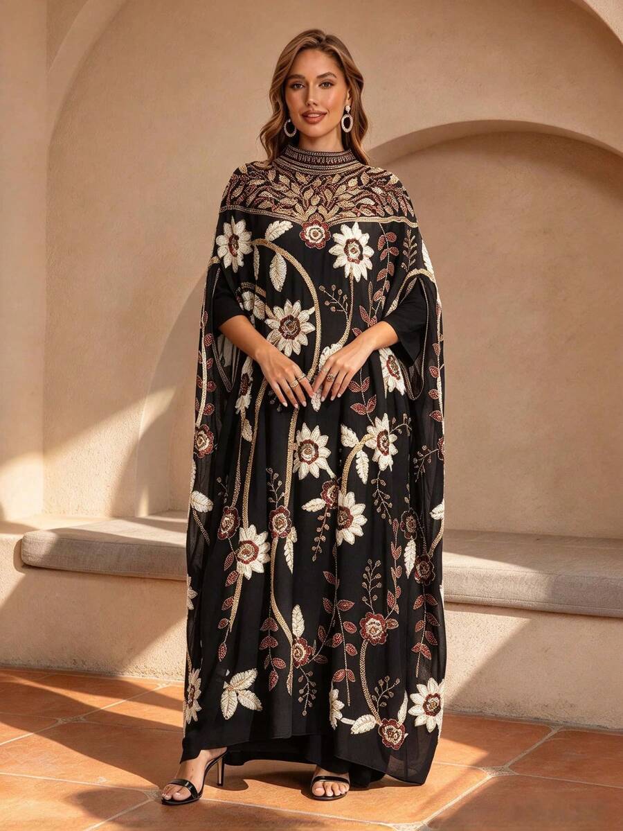 JINLICX Elegant Dignified Tropical Print Woven Fabric Beaded Sequin Patchwork Evening Gown For Holiday Wedding Formal Dinner Spring Summer Autumn - Black - View 1