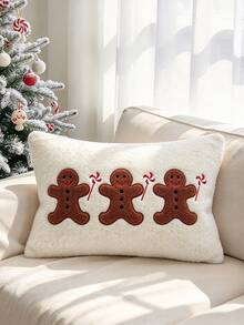 1pc Christmas Gingerbread Man Embroidered Pillow Case, Lambswool Rectangular Cushion Cover, Living Room Sofa Holiday Decoration Pillow - White - View 5