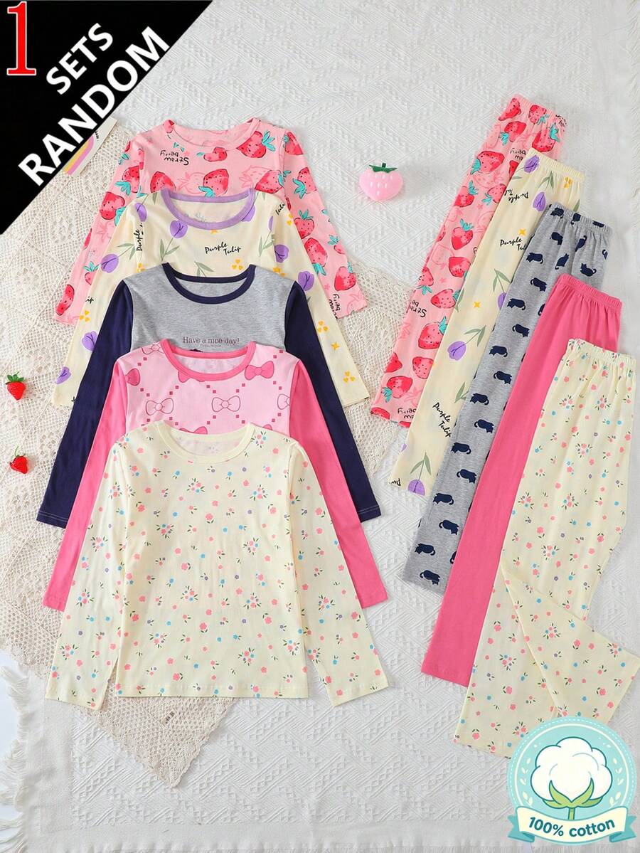 5 Sets 1 Set Random Girls Long Sleeve Long Pants Pajama Set, Casual Home Wear Set - Multicolor - View 1