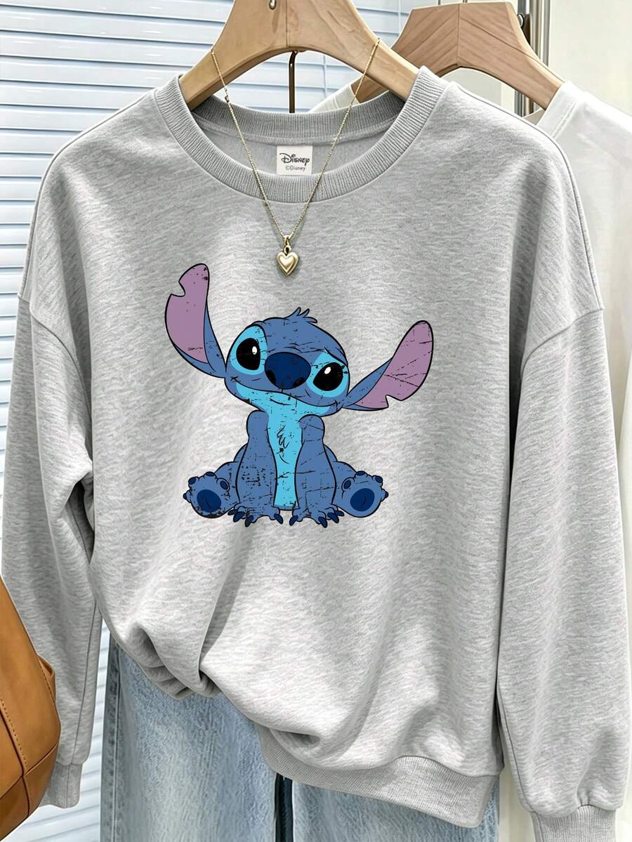 Áo nỉ dài tay cổ tròn Disney size lớn nữ phong cách thường ngày, rách mài, in họa tiết đường khâu, dễ thương, thu đông - Xám - Xem 1