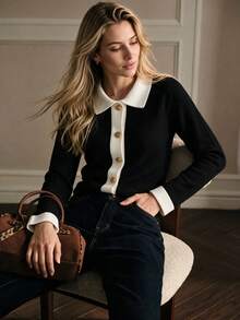 NiceArt Women's Autumn/Winter Vintage Black Contrast Collar Knit Cardigan, Lapel Button Front Long Sleeve Sweater, Suitable For Autumn Outfits, Halloween - Black - View 1