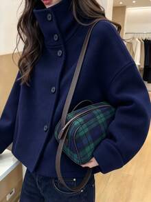 Women's Autumn/Winter Navy Blue Casual Wool Jacket, Stand Collar Button Design Long Sleeve Short Overcoat, Suitable For Commuting, Dating, Daily Wear - Navy Blue - View 3