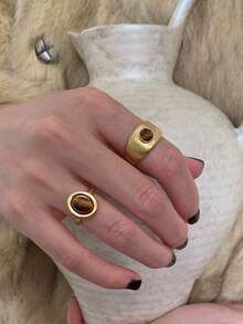 3pcs Old Money Style Tiger Eye Stone Rings Set, Suitable For Women's Daily Commute Wear - Yellow Gold - View 2