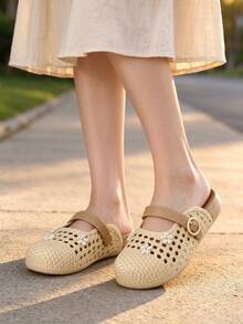 2026 Summer New Women's Apricot Woven Closed-Toe Sandals, Pearl Flower Decor Closed-Toe Sandals, Mary Jane Mule Slippers, Beach Shoes - Apricot - View 3