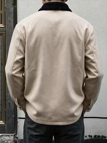 Jaket Kemeja Flanel Gaya Utilitas Dua Saku Musim Gugur/Dingin Pria GOLDREDY dengan Kerah Blok Warna Vintage - Aprikot - View 2