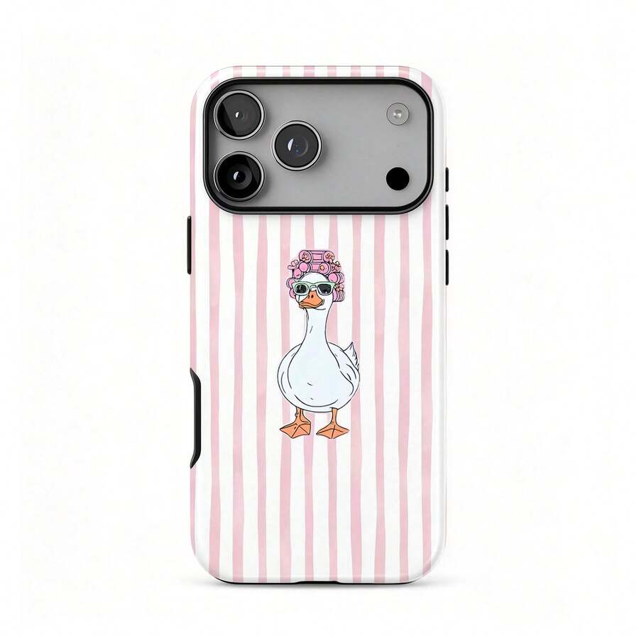 鴨子髮捲圖案粉色條紋耐用手機殼,相容 iPhone 18 17 16 15 14 Pro Max Plus 13 12 11,動物愛好者與媽媽的完美禮物 - 粉色 - 查看 1