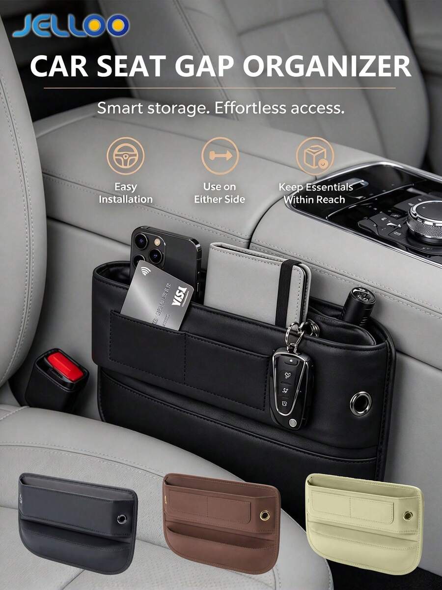 JELLOO Car Seat Gap Filler Organizer - Premium PU Leather Gap Filler With Storage Pocket, Universal Fit For Cars, Trucks, SUVs - Prevents Phone, Keys From Falling Into Seat Gaps