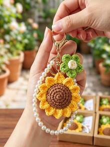 1pc Handmade Crochet Sunflower Pearl Keychain, Yarn Knitted Flower Pendant Bag Charm Small Gift - Multicolor - View 1