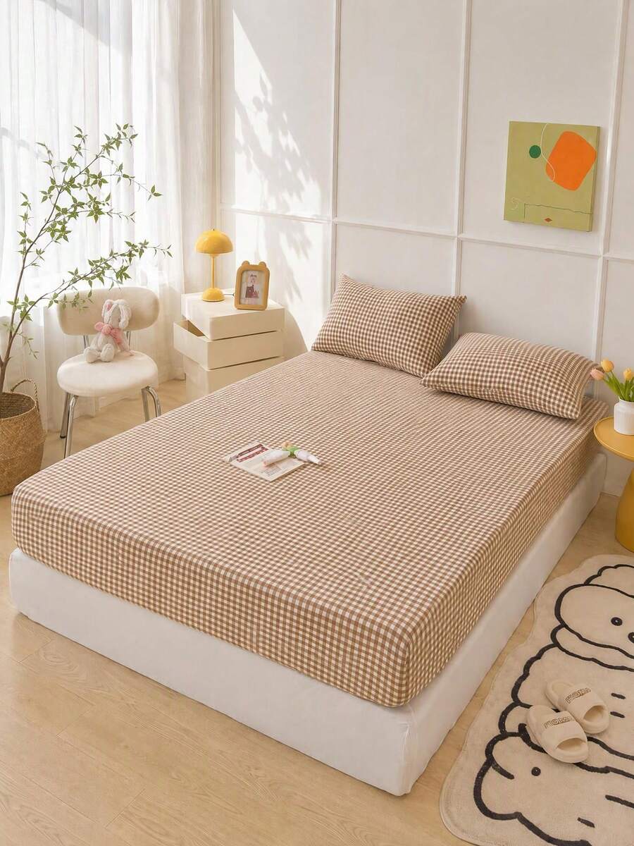 1pc Plaid Pattern Fitted Sheet, Modern Style Fabric Fitted Sheet, Suitable For Bedroom - Apricot - View 1