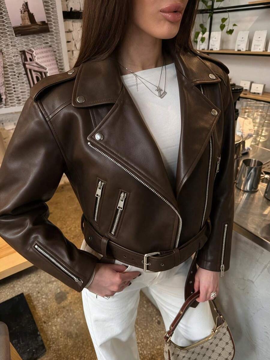 Women's Black Faux Leather Biker Jacket – Zip-Up Cropped Moto Jacket - Chocolate Brown - View 1